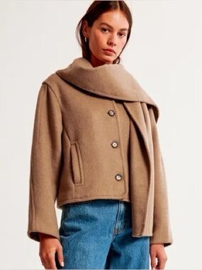 NWT: Abercrombie Tan Short Wool Removable Scarf Jacket | Size S
